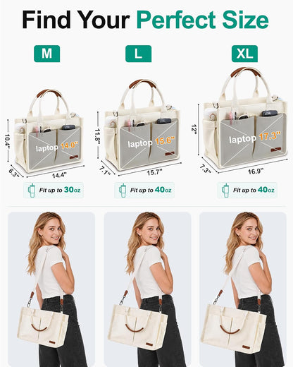 Womens Canvas Tote Bag Purse with Individual Compartment, Zipper Top, Reinforced Bottom & Luggage Sleeve