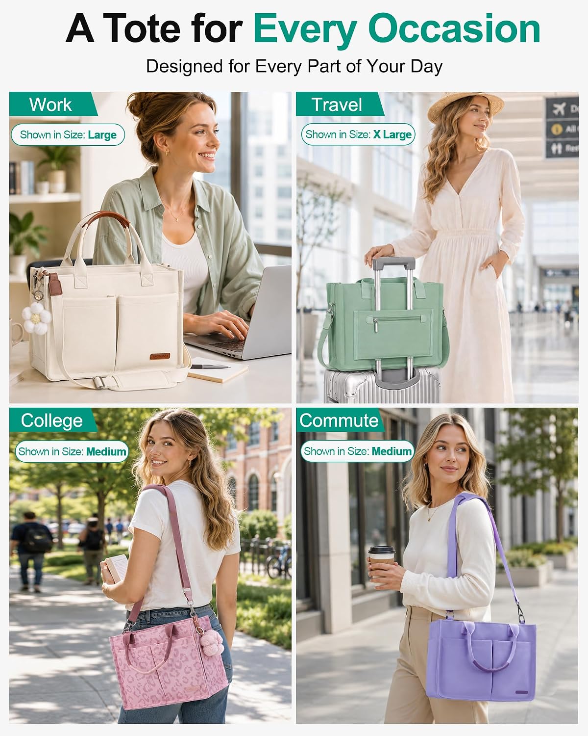 Womens Canvas Tote Bag Purse with Individual Compartment, Zipper Top, Reinforced Bottom & Luggage Sleeve