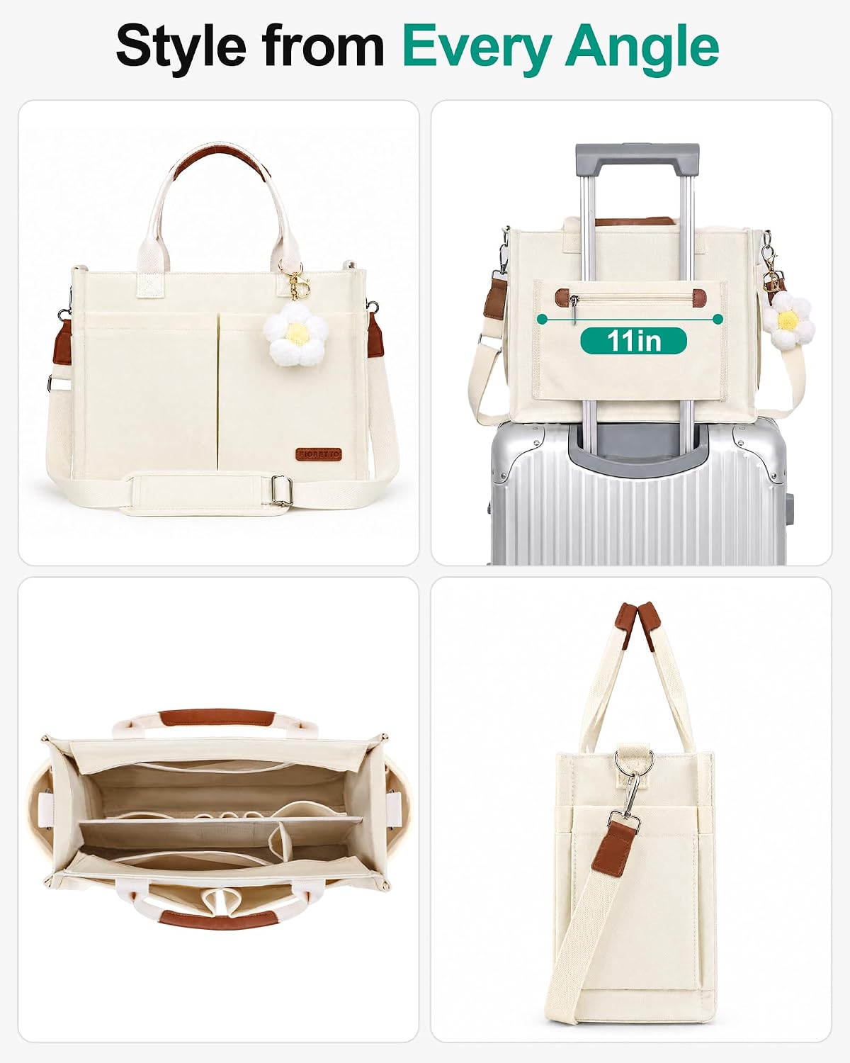 Womens Canvas Tote Bag Purse with Individual Compartment, Zipper Top, Reinforced Bottom & Luggage Sleeve
