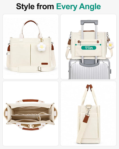 Womens Canvas Tote Bag Purse with Individual Compartment, Zipper Top, Reinforced Bottom & Luggage Sleeve