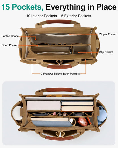 Womens Canvas Tote Bag Purse with Individual Compartment, Zipper Top, Reinforced Bottom & Luggage Sleeve