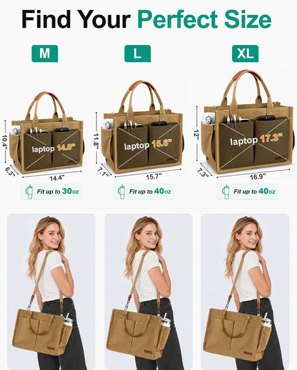 Womens Canvas Tote Bag Purse with Individual Compartment, Zipper Top, Reinforced Bottom & Luggage Sleeve