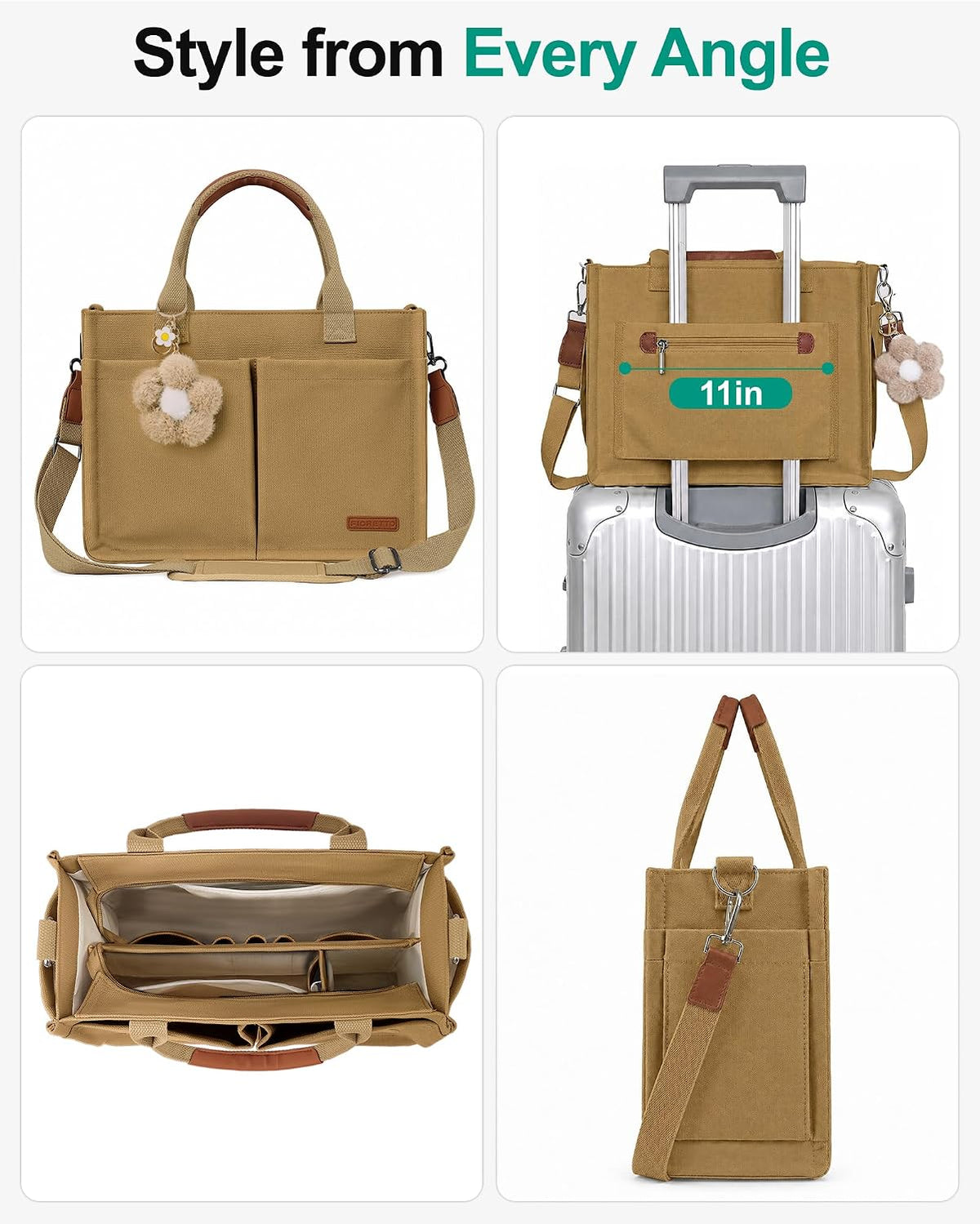 Womens Canvas Tote Bag Purse with Individual Compartment, Zipper Top, Reinforced Bottom & Luggage Sleeve