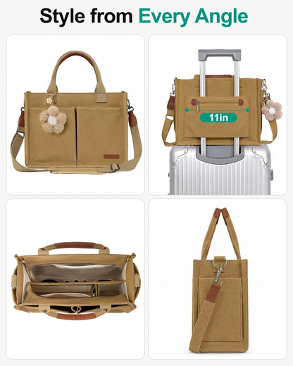 Womens Canvas Tote Bag Purse with Individual Compartment, Zipper Top, Reinforced Bottom & Luggage Sleeve