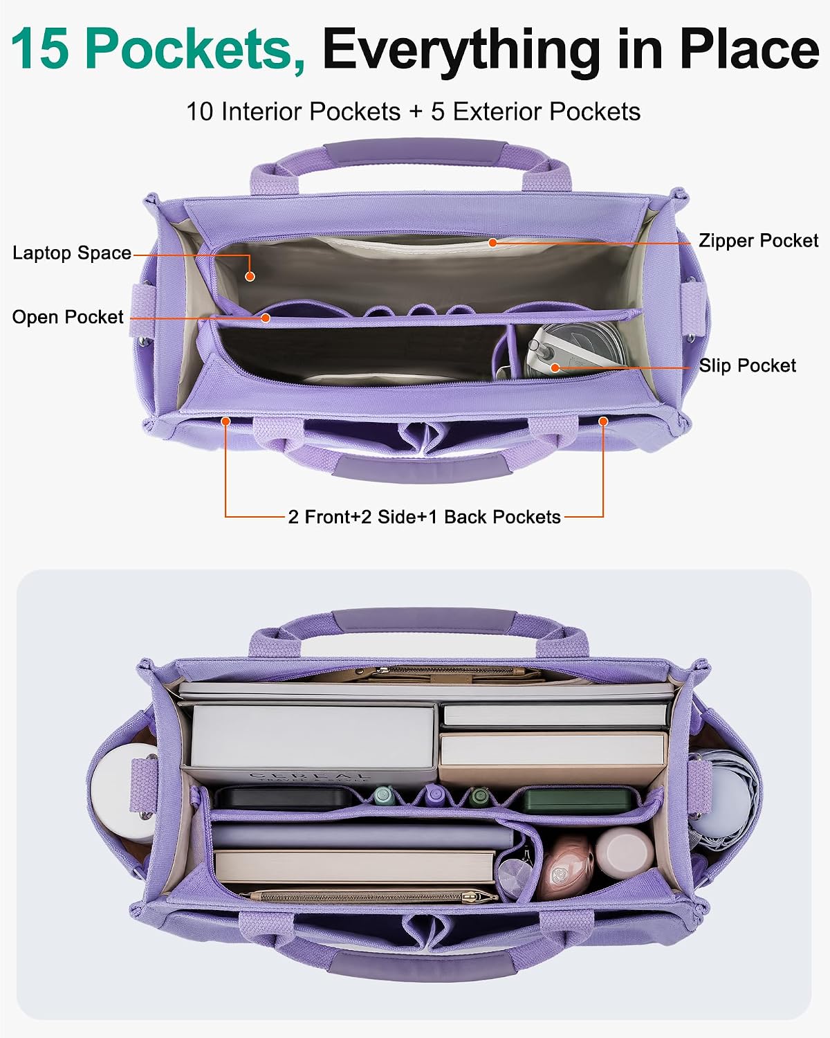 Womens Canvas Tote Bag Purse with Individual Compartment, Zipper Top, Reinforced Bottom & Luggage Sleeve