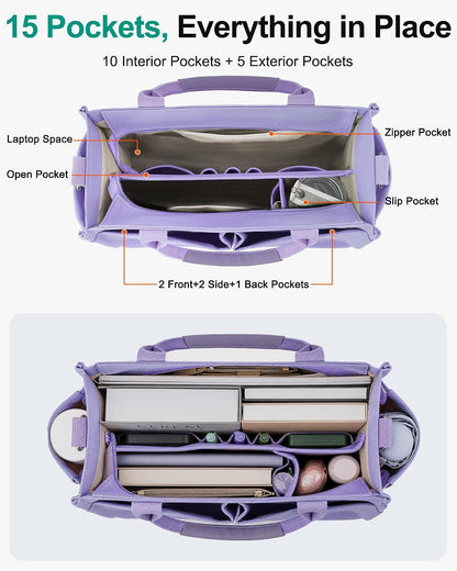 Womens Canvas Tote Bag Purse with Individual Compartment, Zipper Top, Reinforced Bottom & Luggage Sleeve