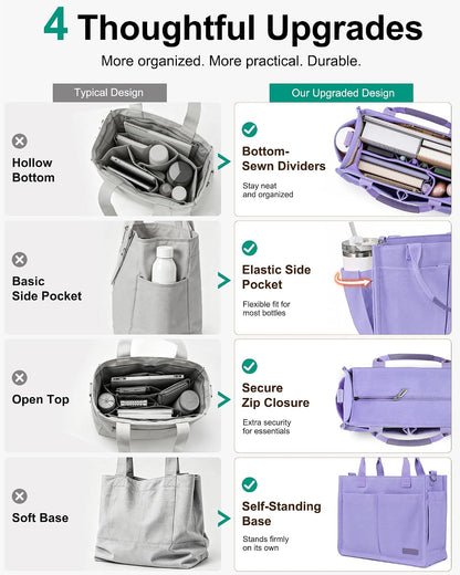 Womens Canvas Tote Bag Purse with Individual Compartment, Zipper Top, Reinforced Bottom & Luggage Sleeve