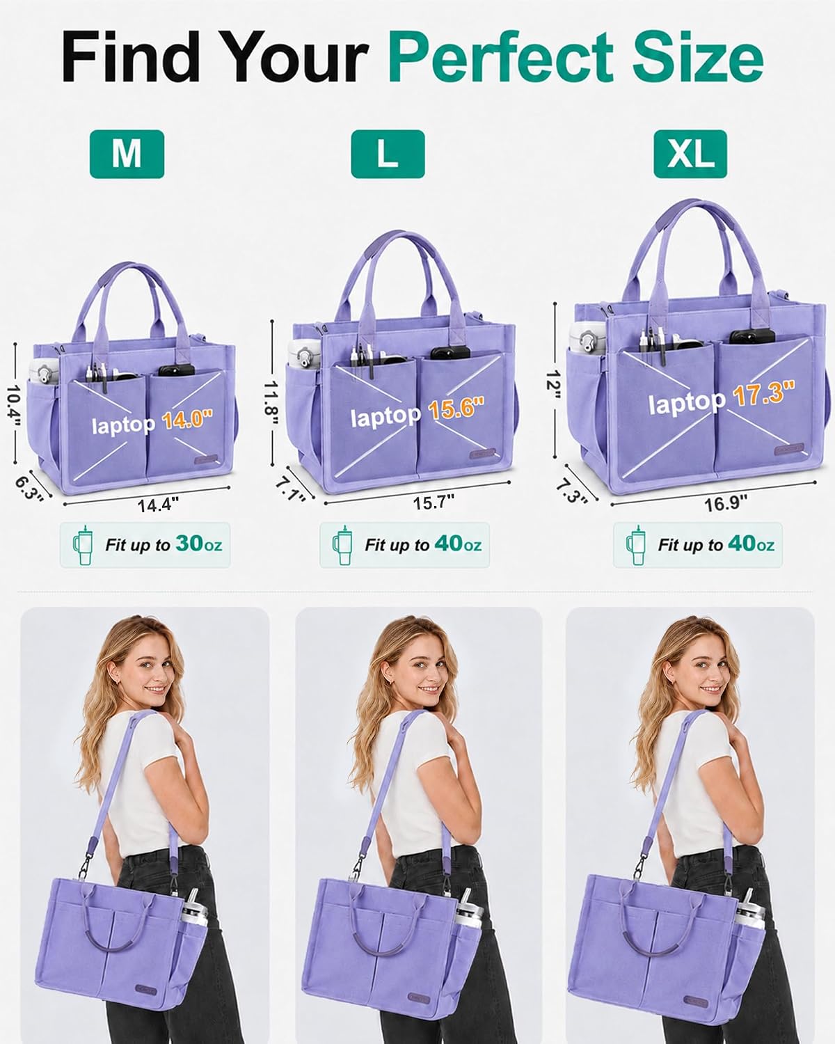 Womens Canvas Tote Bag Purse with Individual Compartment, Zipper Top, Reinforced Bottom & Luggage Sleeve