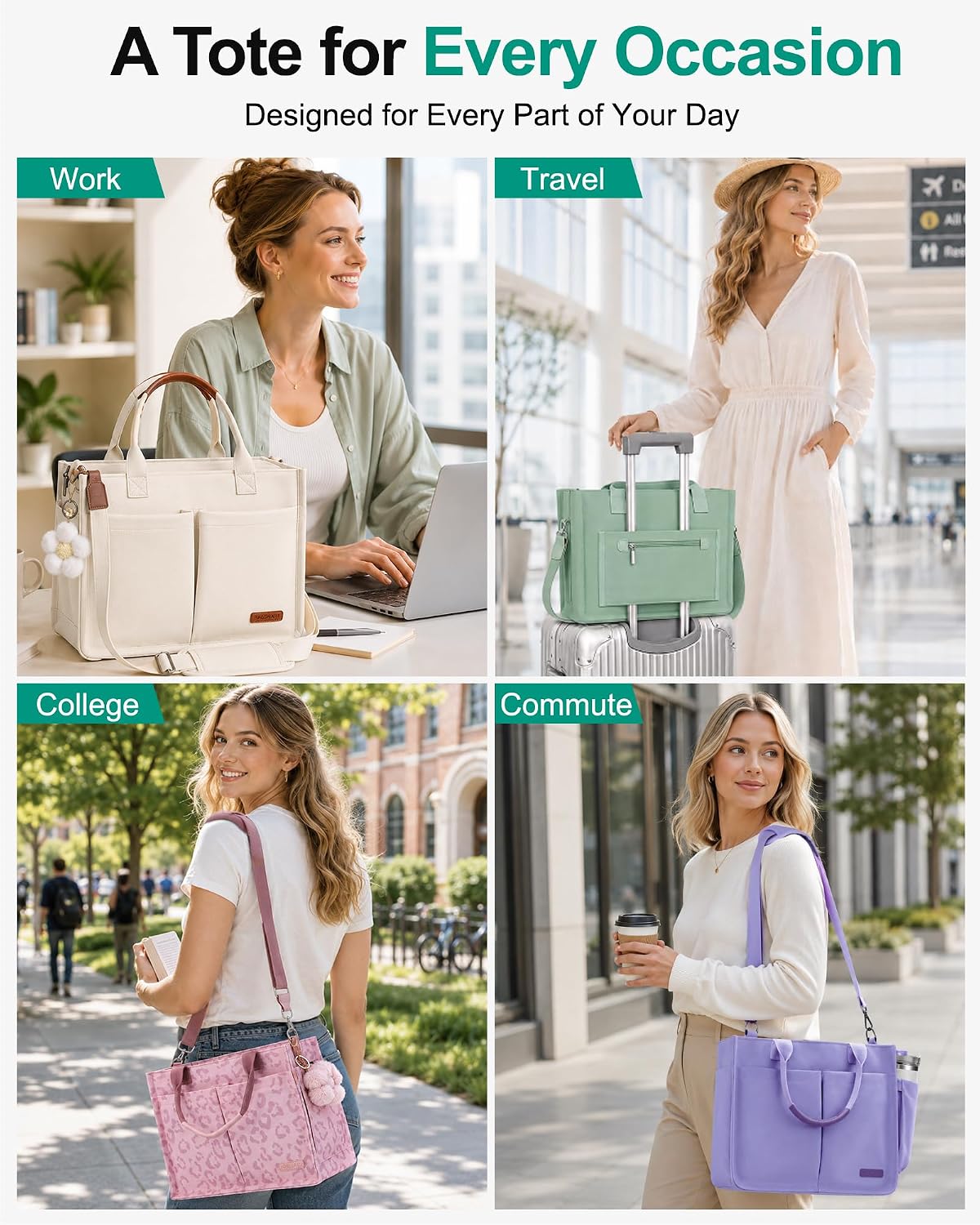 Womens Canvas Tote Bag Purse with Individual Compartment, Zipper Top, Reinforced Bottom & Luggage Sleeve