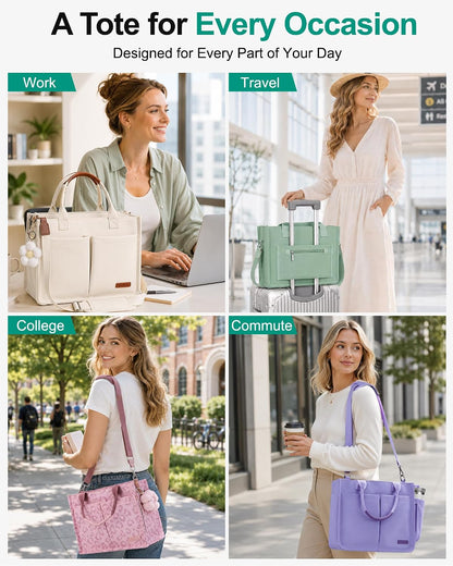Womens Canvas Tote Bag Purse with Individual Compartment, Zipper Top, Reinforced Bottom & Luggage Sleeve