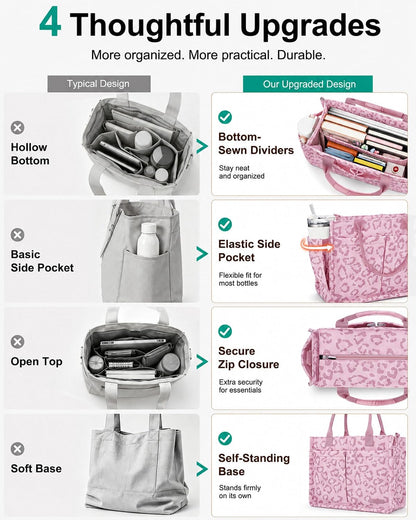 Womens Canvas Tote Bag Purse with Individual Compartment, Zipper Top, Reinforced Bottom & Luggage Sleeve