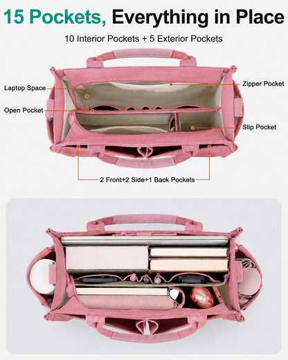 Womens Canvas Tote Bag Purse with Individual Compartment, Zipper Top, Reinforced Bottom & Luggage Sleeve