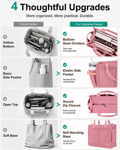 Womens Canvas Tote Bag Purse with Individual Compartment, Zipper Top, Reinforced Bottom & Luggage Sleeve