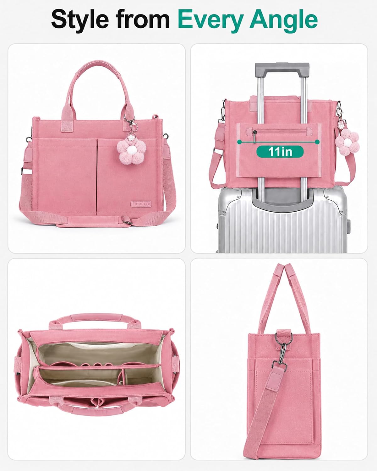 Womens Canvas Tote Bag Purse with Individual Compartment, Zipper Top, Reinforced Bottom & Luggage Sleeve