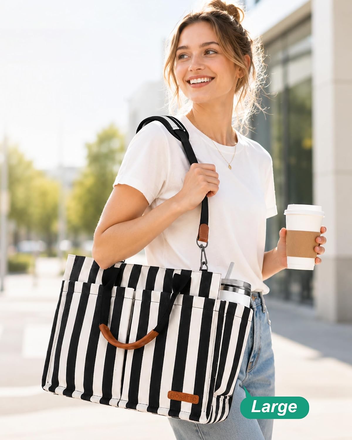 Womens Canvas Tote Bag Purse with Individual Compartment, Zipper Top, Reinforced Bottom & Luggage Sleeve