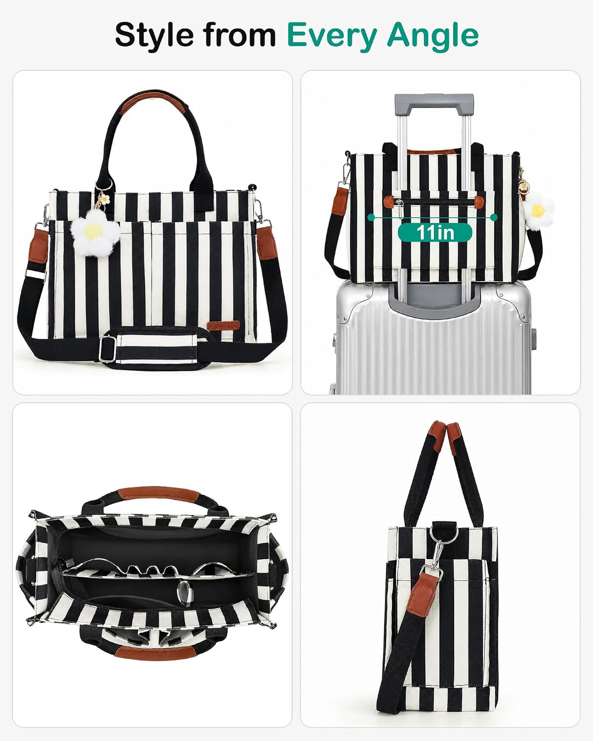 Womens Canvas Tote Bag Purse with Individual Compartment, Zipper Top, Reinforced Bottom & Luggage Sleeve