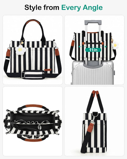 Womens Canvas Tote Bag Purse with Individual Compartment, Zipper Top, Reinforced Bottom & Luggage Sleeve