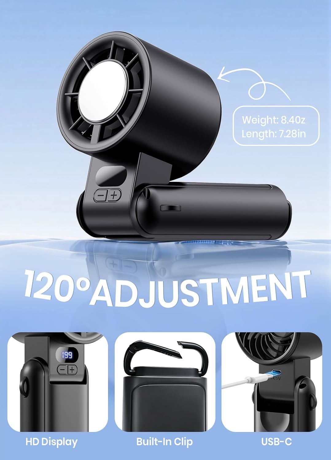 Portable Handheld Turbo Fan, 1-199 Speed Adjustable, Black