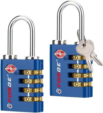 Dual-Opening: Key or Combination Access Lock, TSA Approved Locks for Luggage, Pelican case, Travel, Gym, School, Stainless Steel Shackle. (Blue 2 Pk)