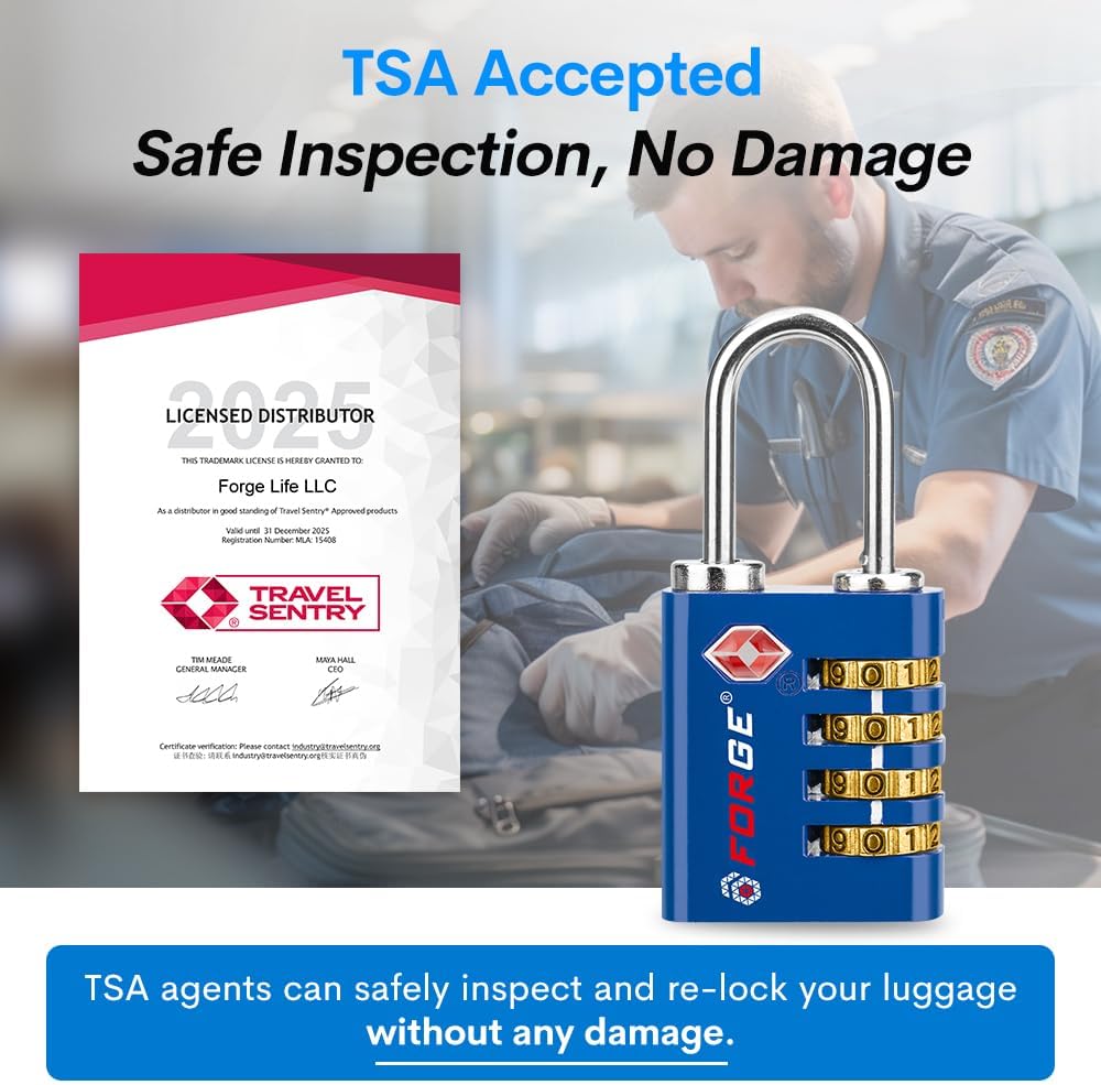 Dual-Opening: Key or Combination Access Lock, TSA Approved Locks for Luggage, Pelican case, Travel, Gym, School, Stainless Steel Shackle. (Blue 2 Pk)