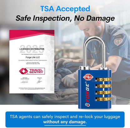 Dual-Opening: Key or Combination Access Lock, TSA Approved Locks for Luggage, Pelican case, Travel, Gym, School, Stainless Steel Shackle. (Blue 2 Pk)
