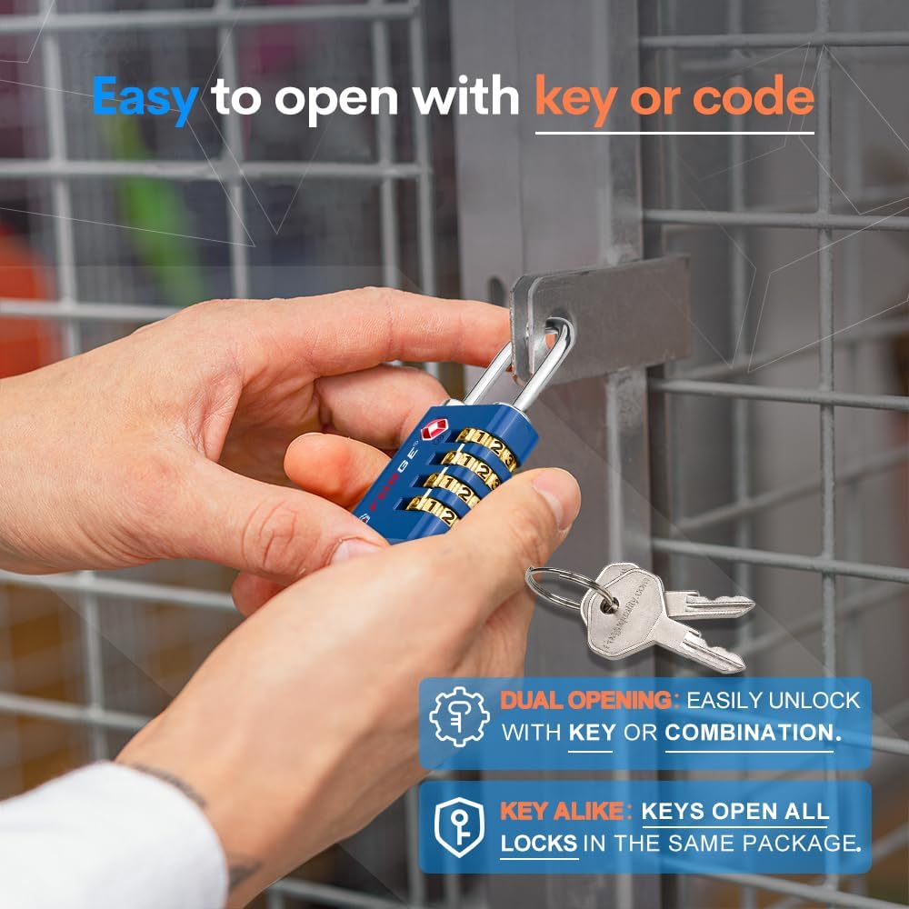Dual-Opening: Key or Combination Access Lock, TSA Approved Locks for Luggage, Pelican case, Travel, Gym, School, Stainless Steel Shackle. (Blue 2 Pk)
