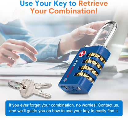 Dual-Opening: Key or Combination Access Lock, TSA Approved Locks for Luggage, Pelican case, Travel, Gym, School, Stainless Steel Shackle. (Blue 2 Pk)