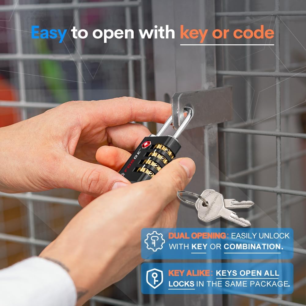 Dual-Opening: Key or Combination Access Lock, TSA Approved Locks for Luggage, Pelican case, Travel, Gym, School, Stainless Steel Shackle. (Blue 2 Pk)