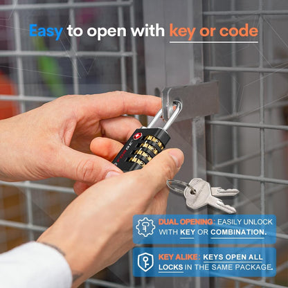Dual-Opening: Key or Combination Access Lock, TSA Approved Locks for Luggage, Pelican case, Travel, Gym, School, Stainless Steel Shackle. (Blue 2 Pk)