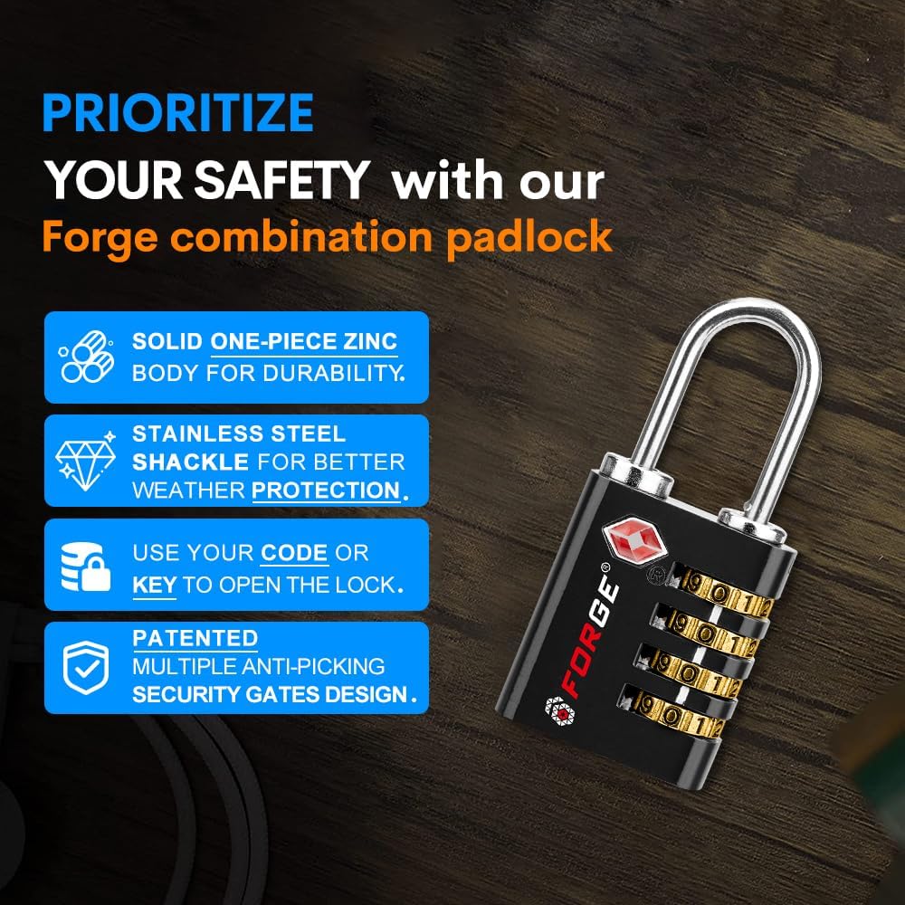 Dual-Opening: Key or Combination Access Lock, TSA Approved Locks for Luggage, Pelican case, Travel, Gym, School, Stainless Steel Shackle. (Blue 2 Pk)