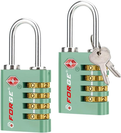 Dual-Opening: Key or Combination Access Lock, TSA Approved Locks for Luggage, Pelican case, Travel, Gym, School, Stainless Steel Shackle. (Blue 2 Pk)