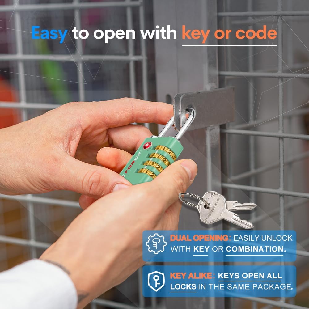 Dual-Opening: Key or Combination Access Lock, TSA Approved Locks for Luggage, Pelican case, Travel, Gym, School, Stainless Steel Shackle. (Blue 2 Pk)
