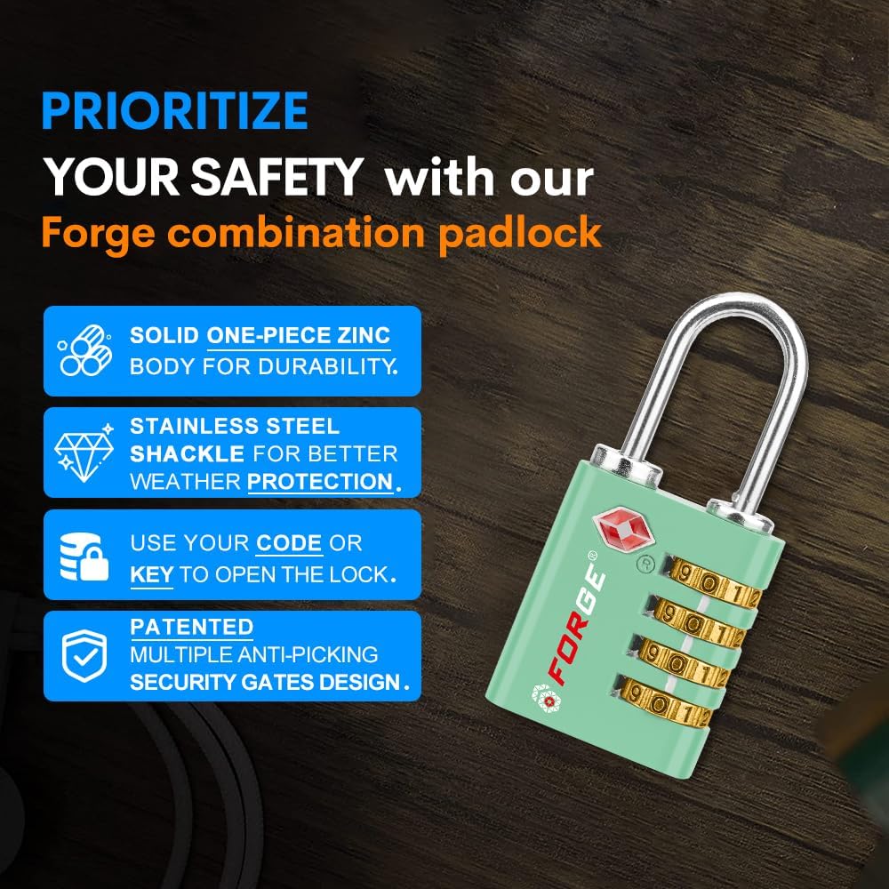 Dual-Opening: Key or Combination Access Lock, TSA Approved Locks for Luggage, Pelican case, Travel, Gym, School, Stainless Steel Shackle. (Blue 2 Pk)