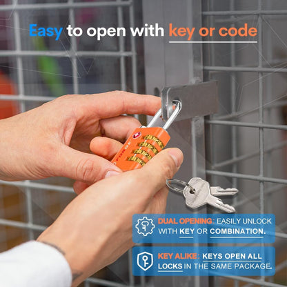 Dual-Opening: Key or Combination Access Lock, TSA Approved Locks for Luggage, Pelican case, Travel, Gym, School, Stainless Steel Shackle. (Blue 2 Pk)