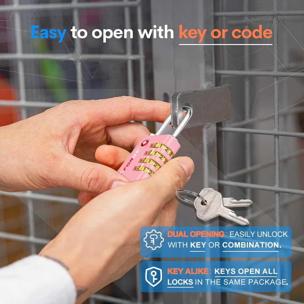 Dual-Opening: Key or Combination Access Lock, TSA Approved Locks for Luggage, Pelican case, Travel, Gym, School, Stainless Steel Shackle. (Blue 2 Pk)