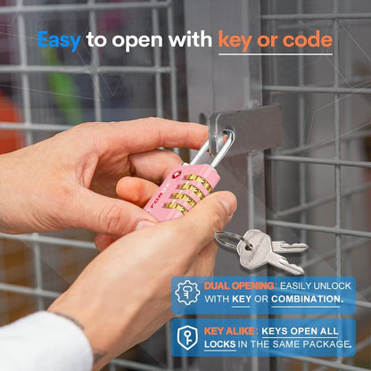 Dual-Opening: Key or Combination Access Lock, TSA Approved Locks for Luggage, Pelican case, Travel, Gym, School, Stainless Steel Shackle. (Blue 2 Pk)