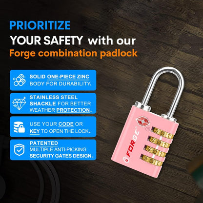 Dual-Opening: Key or Combination Access Lock, TSA Approved Locks for Luggage, Pelican case, Travel, Gym, School, Stainless Steel Shackle. (Blue 2 Pk)