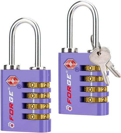 Dual-Opening: Key or Combination Access Lock, TSA Approved Locks for Luggage, Pelican case, Travel, Gym, School, Stainless Steel Shackle. (Blue 2 Pk)