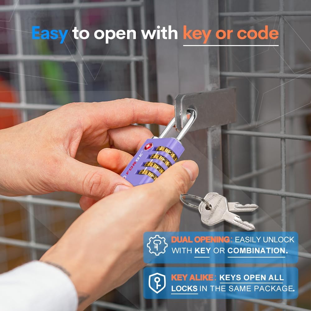 Dual-Opening: Key or Combination Access Lock, TSA Approved Locks for Luggage, Pelican case, Travel, Gym, School, Stainless Steel Shackle. (Blue 2 Pk)