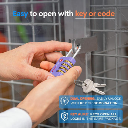 Dual-Opening: Key or Combination Access Lock, TSA Approved Locks for Luggage, Pelican case, Travel, Gym, School, Stainless Steel Shackle. (Blue 2 Pk)