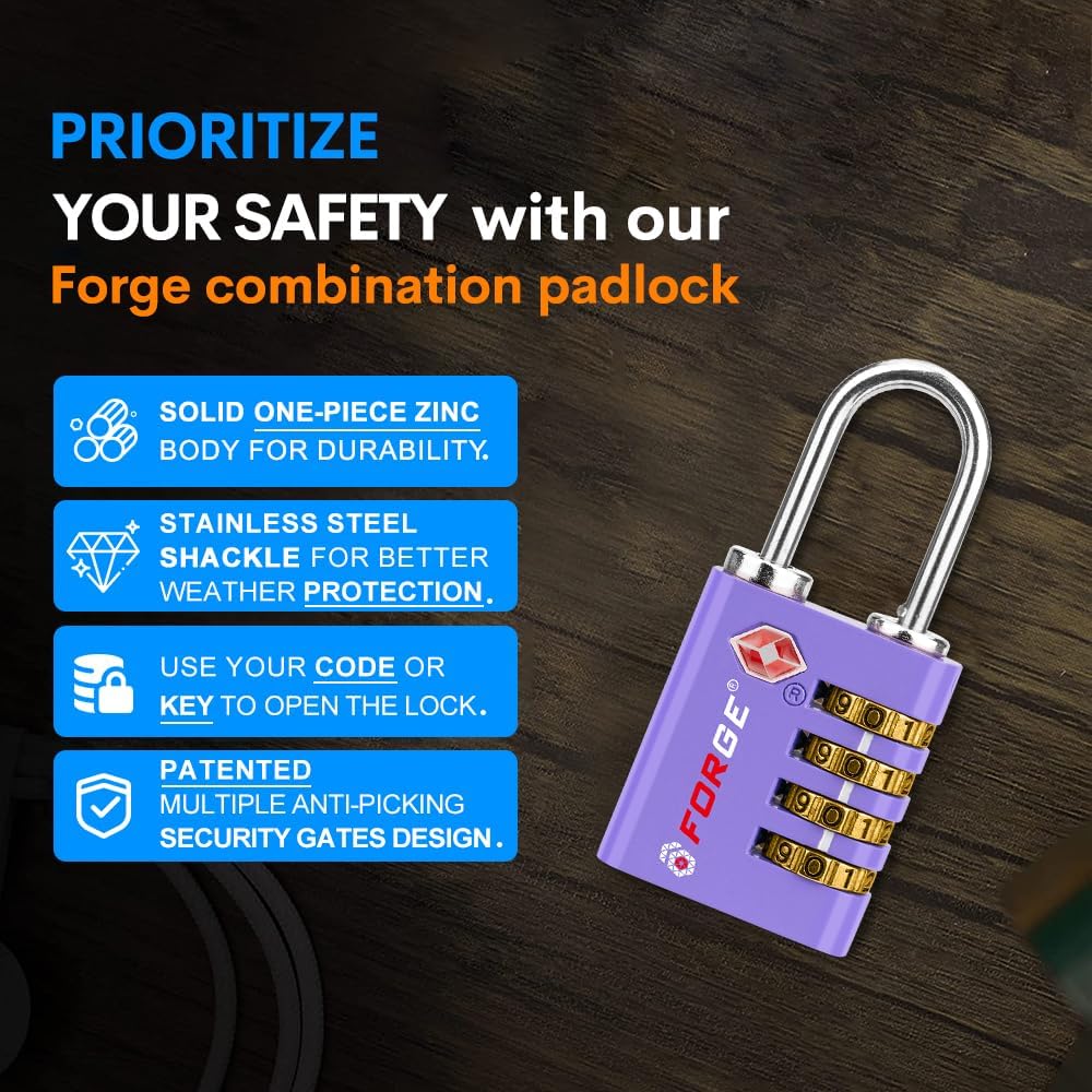 Dual-Opening: Key or Combination Access Lock, TSA Approved Locks for Luggage, Pelican case, Travel, Gym, School, Stainless Steel Shackle. (Blue 2 Pk)