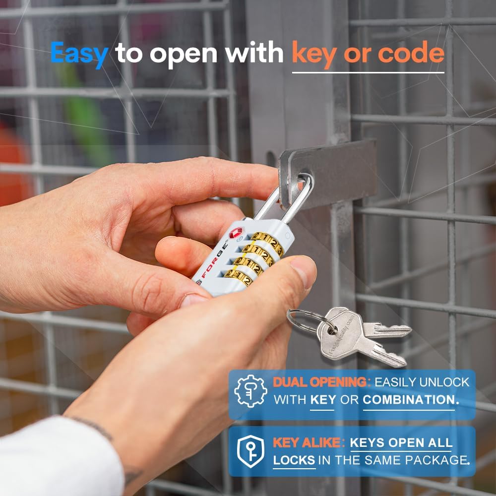 Dual-Opening: Key or Combination Access Lock, TSA Approved Locks for Luggage, Pelican case, Travel, Gym, School, Stainless Steel Shackle. (Blue 2 Pk)