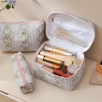 HBselect Quilted Makeup Bag, 3PCS Cotton Large Travel Makeup Bag, Cute Floral Coquette Make up Bag Cosmetic Bag Toiletry Bag for Women Girls - Colors B