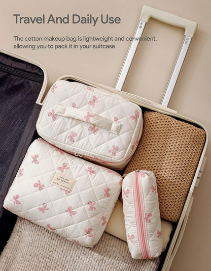 HBselect Quilted Makeup Bag, 3PCS Cotton Large Travel Makeup Bag, Cute Floral Coquette Make up Bag Cosmetic Bag Toiletry Bag for Women Girls - Colors A