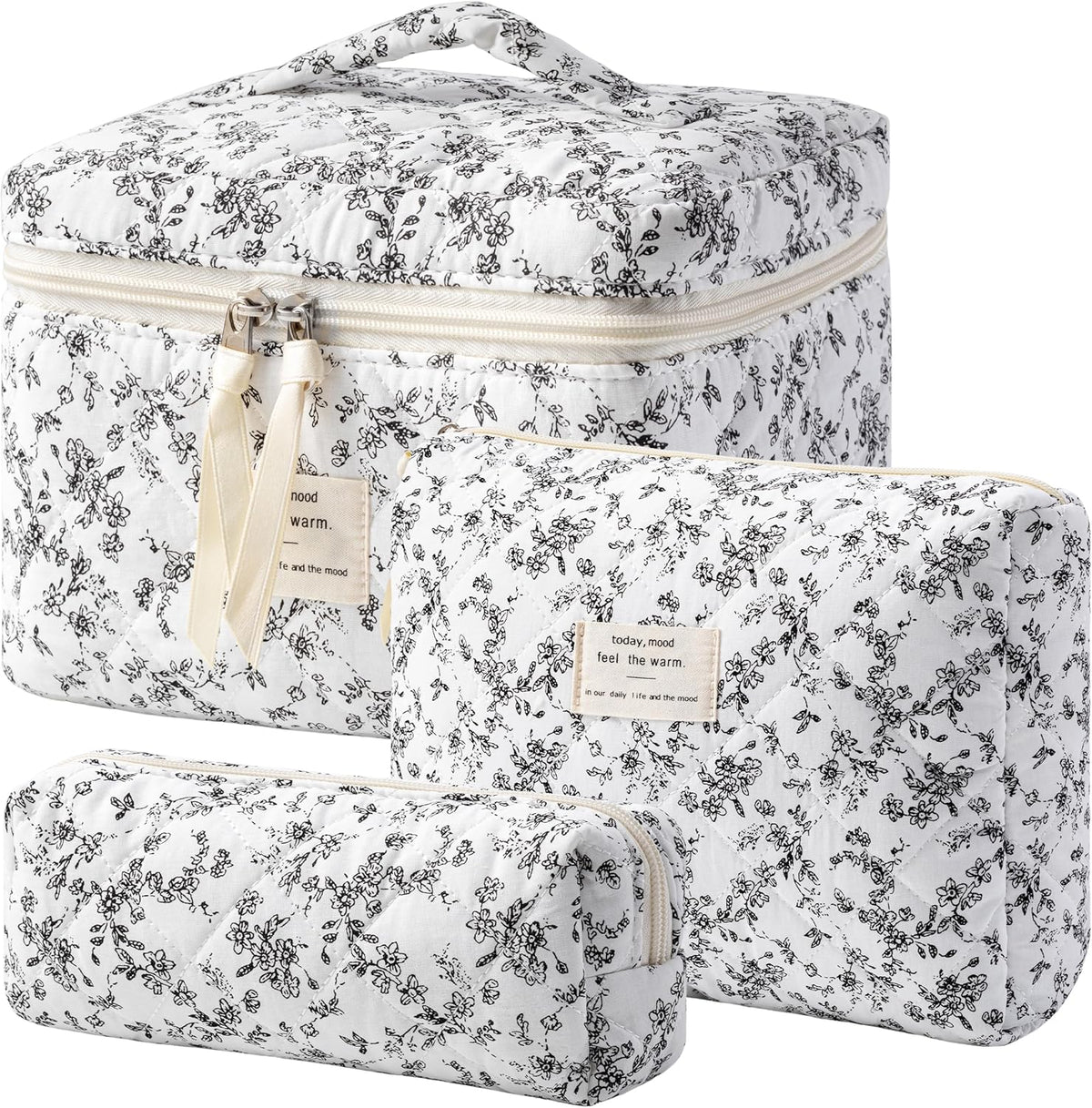 HBselect Quilted Makeup Bag, 3PCS Cotton Large Travel Makeup Bag, Cute Floral Coquette Make up Bag Cosmetic Bag Toiletry Bag for Women Girls - Colors A