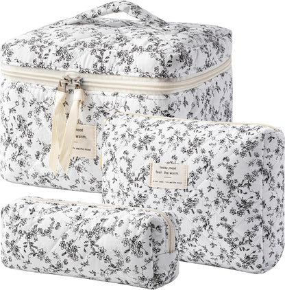HBselect Quilted Makeup Bag, 3PCS Cotton Large Travel Makeup Bag, Cute Floral Coquette Make up Bag Cosmetic Bag Toiletry Bag for Women Girls - Colors A