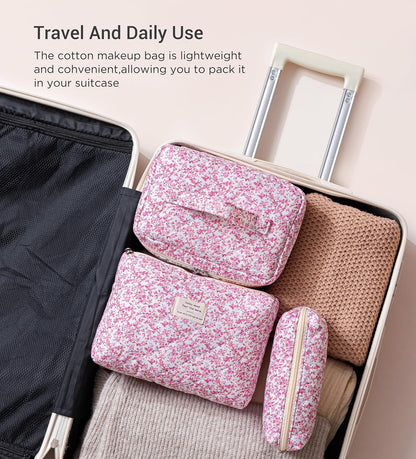 HBselect Quilted Makeup Bag, 3PCS Cotton Large Travel Makeup Bag, Cute Floral Coquette Make up Bag Cosmetic Bag Toiletry Bag for Women Girls - Colors A
