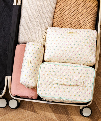 HBselect Quilted Makeup Bag, 3PCS Cotton Large Travel Makeup Bag, Cute Floral Coquette Make up Bag Cosmetic Bag Toiletry Bag for Women Girls - Colors A