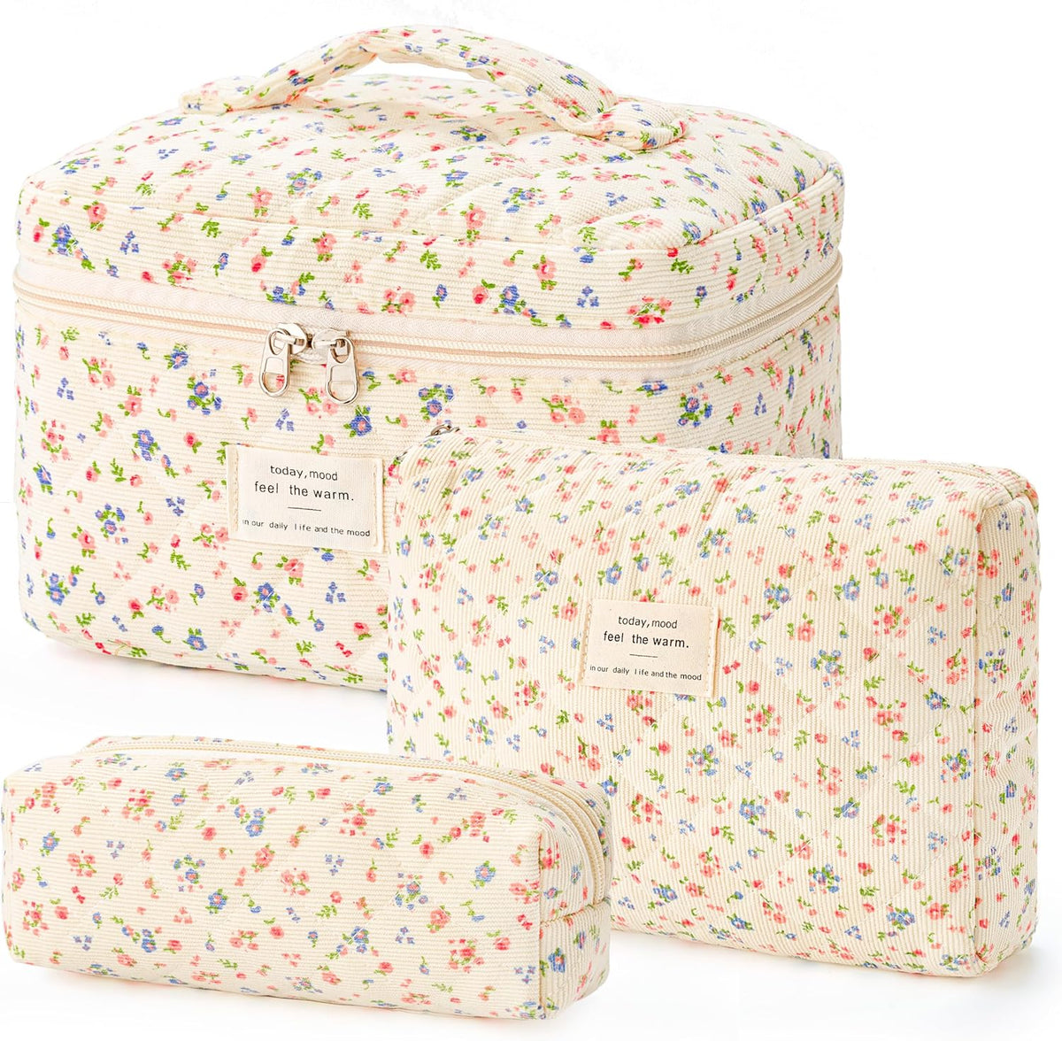 HBselect Quilted Makeup Bag, 3PCS Cotton Large Travel Makeup Bag, Cute Floral Coquette Make up Bag Cosmetic Bag Toiletry Bag for Women Girls - Colors B