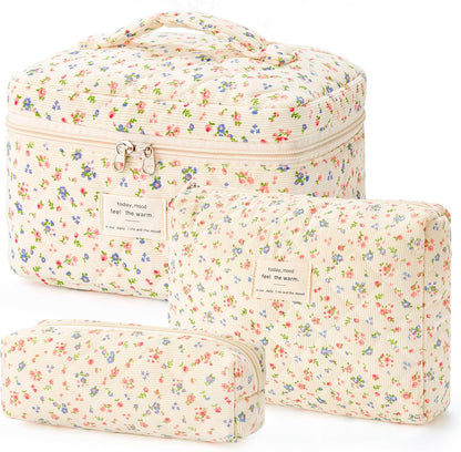 HBselect Quilted Makeup Bag, 3PCS Cotton Large Travel Makeup Bag, Cute Floral Coquette Make up Bag Cosmetic Bag Toiletry Bag for Women Girls - Colors B